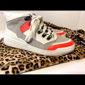 Vince Camuto Leather High Top Sneaker 6.5 Neon Orange White Gray Tennis Shoes